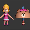 Blonde Girl Wearing Pink Dress and Shoes with Cartoon Bear Pink Bow and Blue Top