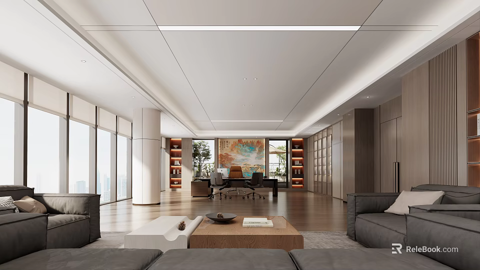 Spacious Modern Executive Office With Warm Wooden Finishes Comfortable Guest Lounge And Bright Panoramic Windows 3d model 