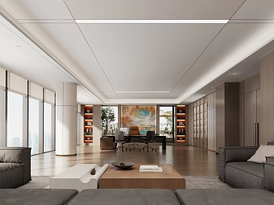 Spacious Modern Executive Office With Warm Wooden Finishes Comfortable Guest Lounge And Bright Panoramic Windows 3d model