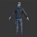3D Worker Character Wearing Yellow Hard Hat Blue Mask Brown Jacket And Tool Belt