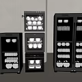 Modern Black Kitchen Appliances With Glass Doors Layered Shelves And Storage For Dishes Bowls Cups