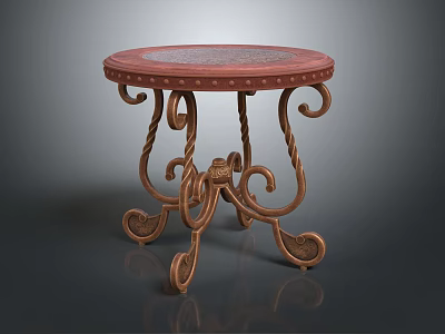 Ornate Round Wooden Table With Red Patterned Tabletop And Curved Spiral Carved Legs 3d model
