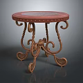 Ornate Round Wooden Table With Red Patterned Tabletop And Curved Spiral Carved Legs