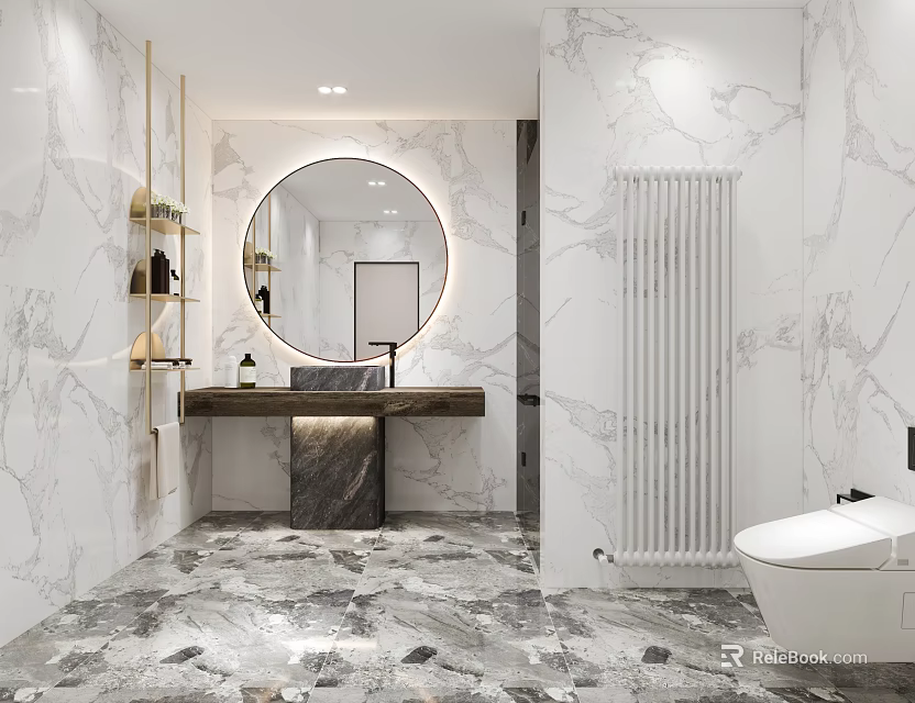 Modern Luxury Bathroom with Marble Walls Round Mirror Wooden Countertop Vanity White Radiator and Toilet 3d model 