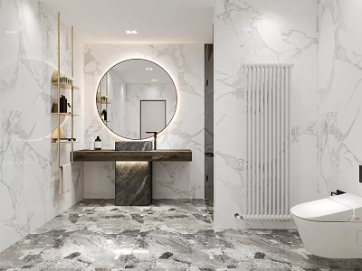 Modern Luxury Bathroom with Marble Walls Round Mirror Wooden Countertop Vanity White Radiator and Toilet 3d model