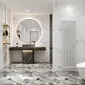 Modern Luxury Bathroom with Marble Walls Round Mirror Wooden Countertop Vanity White Radiator and Toilet