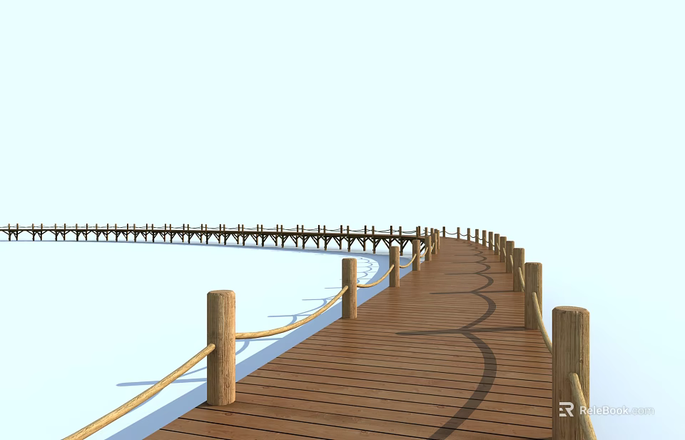 Wooden Boardwalk Road Facilities With Curved Path Rope Railings Along Water Surface 3d model 