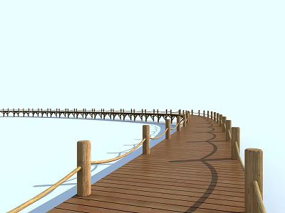 Wooden Boardwalk Road Facilities With Curved Path Rope Railings Along Water Surface 3d model