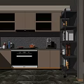 Sleek Modern Kitchen Interior With Beige Cabinets Marble Countertop Black Appliances And Dark Tile Backsplash