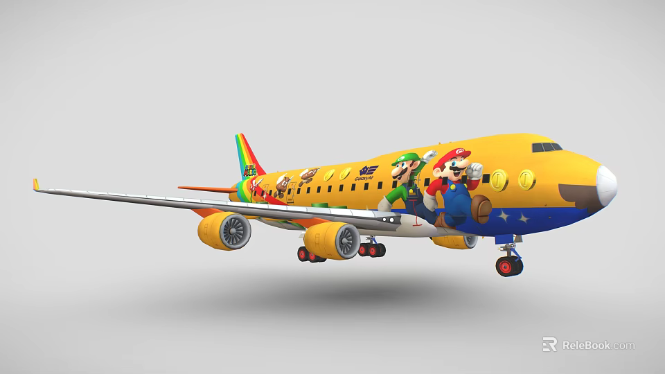 Yellow Airplane With Mario Luigi And Game Characters Body Decals Colorful Wings And Star Decorations 3d model 