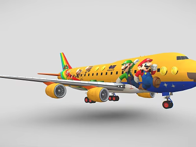 Yellow Airplane With Mario Luigi And Game Characters Body Decals Colorful Wings And Star Decorations 3d model