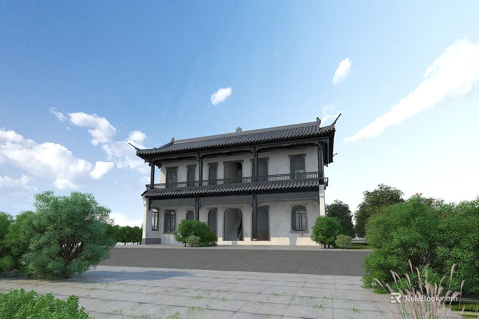 Traditional Chinese Ancient Architecture With Classical Roof Overhanging Eaves And Surrounding Greenery 3d model 