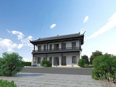 Traditional Chinese Ancient Architecture With Classical Roof Overhanging Eaves And Surrounding Greenery 3d model