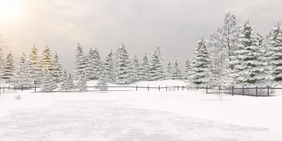 Winter Scenic Landscape With Snow Covered Pine Trees And Fence Under Overcast Sky 3d model 