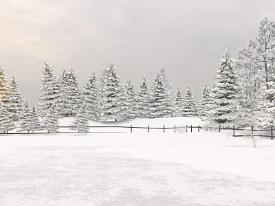 Winter Scenic Landscape With Snow Covered Pine Trees And Fence Under Overcast Sky 3d model