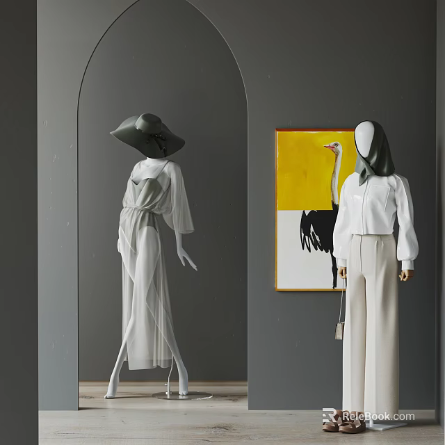 Fashion Models In Elegant Hat Long Dress And Shirt Pants With Art Painting On Gray Wall 3d model 