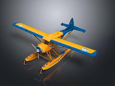 Detailed Yellow and Blue Seaplane Model with Floats on Dark Background 3d model