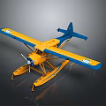 Detailed Yellow and Blue Seaplane Model with Floats on Dark Background