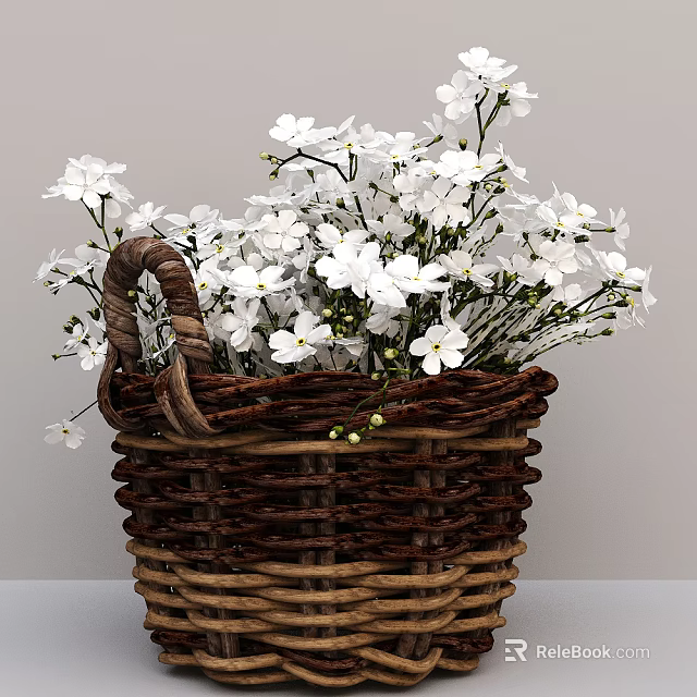 Handwoven Wicker Basket With Fresh White Flowers For Home Decoration 3d model 