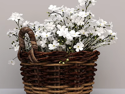 Handwoven Wicker Basket With Fresh White Flowers For Home Decoration 3d model