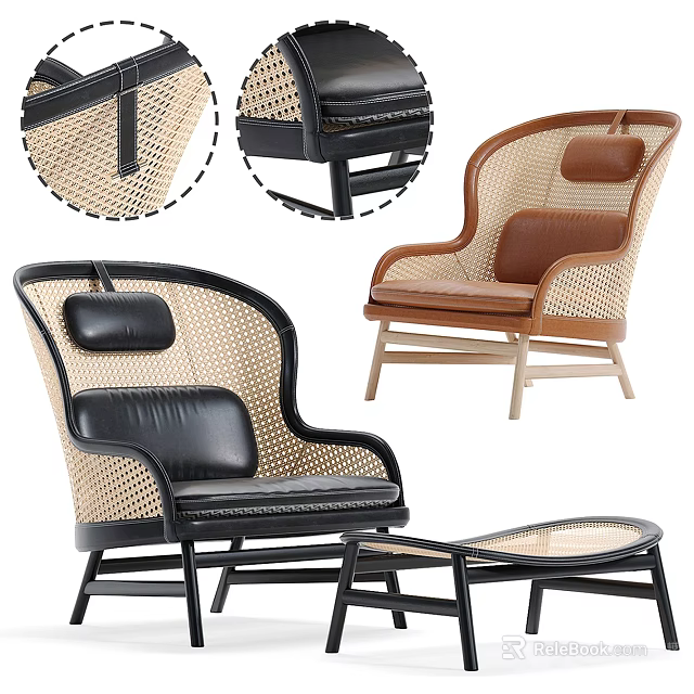 Stylish Rattan Accent Chair With Leather Cushion Wooden Frame And Ottoman 3d model 