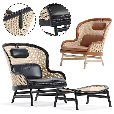 Stylish Rattan Accent Chair With Leather Cushion Wooden Frame And Ottoman 3d model