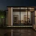 Modern Garden Landscape With Bamboo Plants Stone Wall Pathway And Glass Building Courtyard