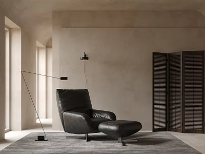 Black Single Seater Sofa With Ottoman Floor Lamp And Gray Rug In Beige Room 3d model