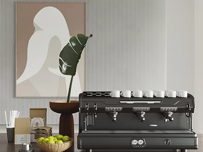 Elegant Modern Kitchen Interior With Black Coffee Machine Fresh Fruits And Green Plant 3d model