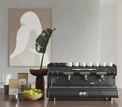 Elegant Modern Kitchen Interior With Black Coffee Machine Fresh Fruits And Green Plant 3d model