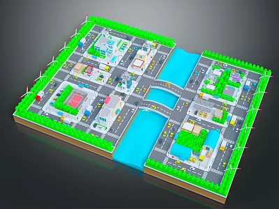 Modern Urban Community Layout With Green Spaces Water Channels Roads And Wind Turbines 3d model