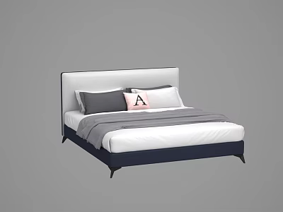 Modern Double Bed With White Navy Blue Headboard And Pillows Including Monogram A Cushion 3d model