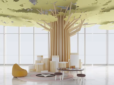 Modern Kids Play Area With Tree Themed Children's Table Stools And Cushions 3d model