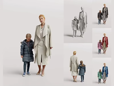 Group of People Including Adults And Kids In Stylish Coats And Diverse Poses 3d model