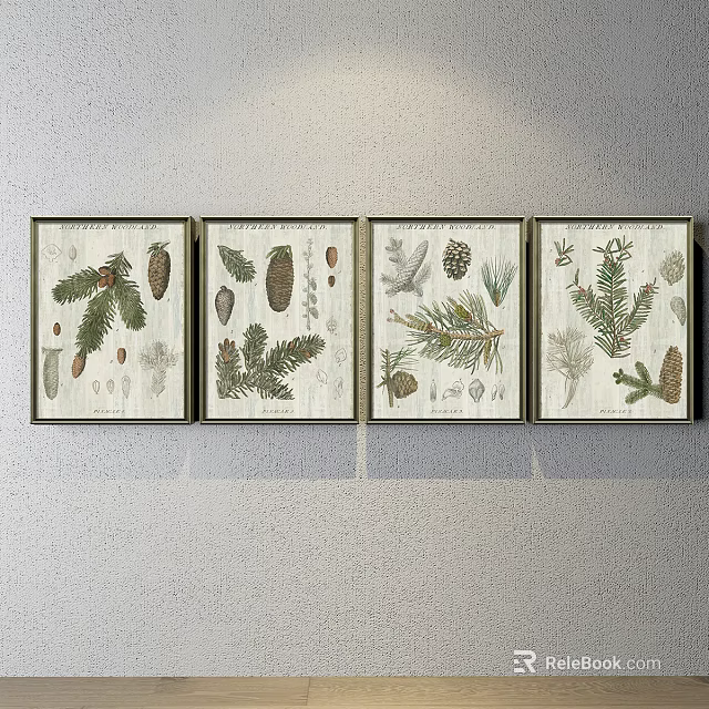 Framed Plant Paintings with Pine Cones Pine Needles and Leaves as Wall Art Set 3d model 