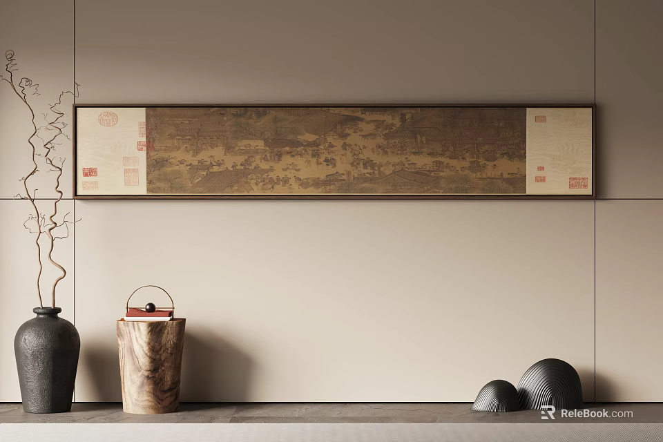 Elegant Chinese Coffee Table Interior With Long Wall Art Vase And Decorative Objects 3d model