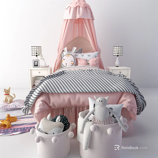 Cozy Kids Bed With Pink Canopy Striped Bedspread Rabbit Plush Nightstands Lamps And Stuffed Toys 3d model 