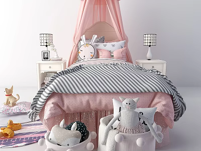 Cozy Kids Bed With Pink Canopy Striped Bedspread Rabbit Plush Nightstands Lamps And Stuffed Toys 3d model