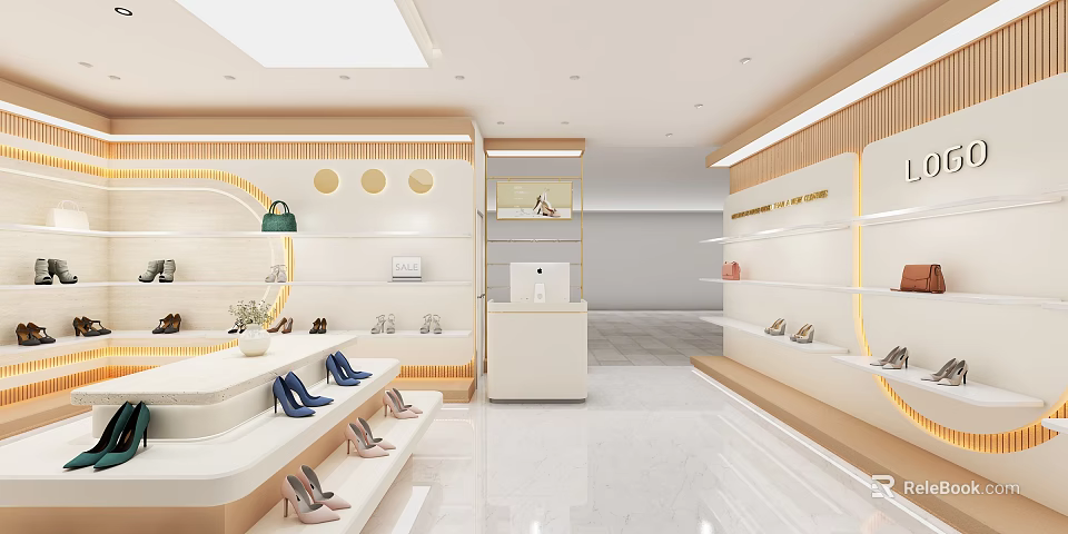 Elegant Clothing Store Interior With Display Shelves High Heels Handbags And Cash Counter 3d model 