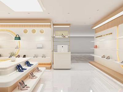 Elegant Clothing Store Interior With Display Shelves High Heels Handbags And Cash Counter 3d model