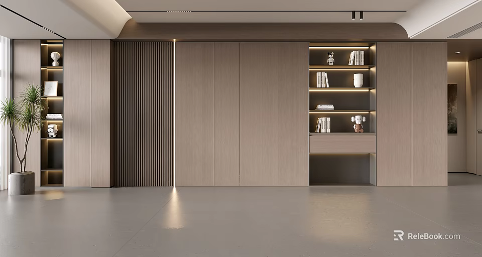 Elegant Modern Minimalist Wooden Background Wall With LED Light Strips And Bookshelf 3d model 