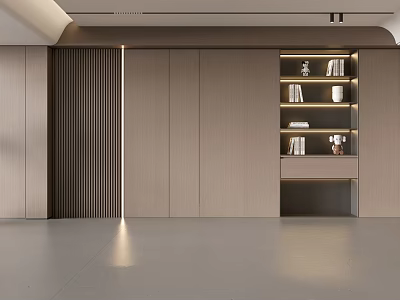 Elegant Modern Minimalist Wooden Background Wall With LED Light Strips And Bookshelf 3d model