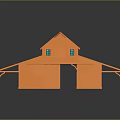 Orange Barn Style Building With Gabled Roof Double Door Small Windows And Porch Columns