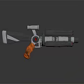 Futuristic Sci Fi Weapon with Silver Metal Body Wooden Grip Red Lights and Multiple Barrels