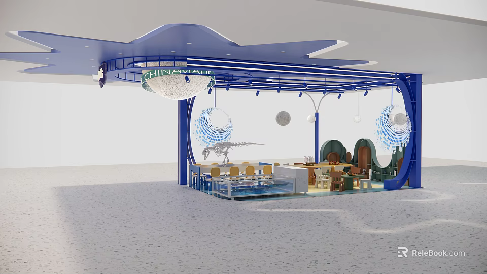 Dinosaur Themed Children's Playground With Blue Canopy Round Decorations Tables Chairs And Dinosaur Models 3d model 