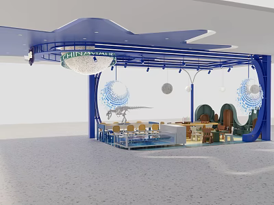 Dinosaur Themed Children's Playground With Blue Canopy Round Decorations Tables Chairs And Dinosaur Models 3d model