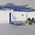 Dinosaur Themed Children's Playground With Blue Canopy Round Decorations Tables Chairs And Dinosaur Models