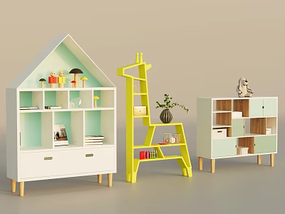 Colorful Bookcases Featuring House Giraffe Shapes White Light Green Yellow Wooden Tones And Decorative Items 3d model