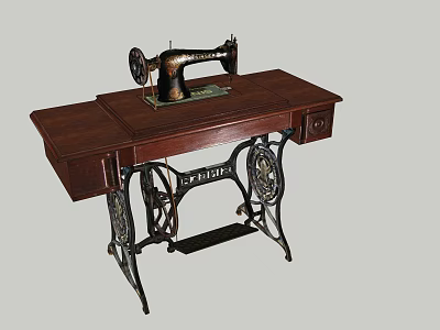 Vintage Sewing Machine Placed On Wooden Table With Iron Frame And Drawer 3d model