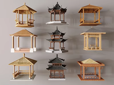 Various Traditional Chinese Pavilions With Different Roof Styles And Wooden Structures 3d model